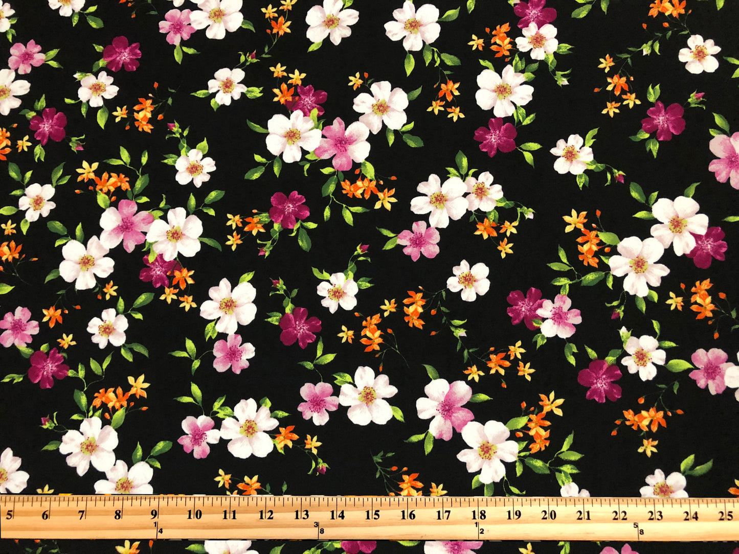 Techno Crepe Knit — Black Floral/Blush/Magenta & Tangerine Blooms, 4-Way Stretch, 240 GSM, 56" Wide, Wrinkle Resistant - By the Yard (TCRP095)