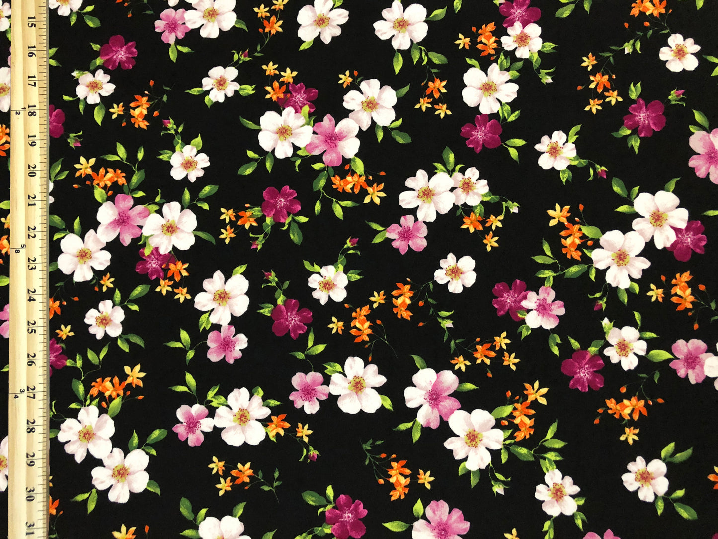Techno Crepe Knit — Black Floral/Blush/Magenta & Tangerine Blooms, 4-Way Stretch, 240 GSM, 56" Wide, Wrinkle Resistant - By the Yard (TCRP095)
