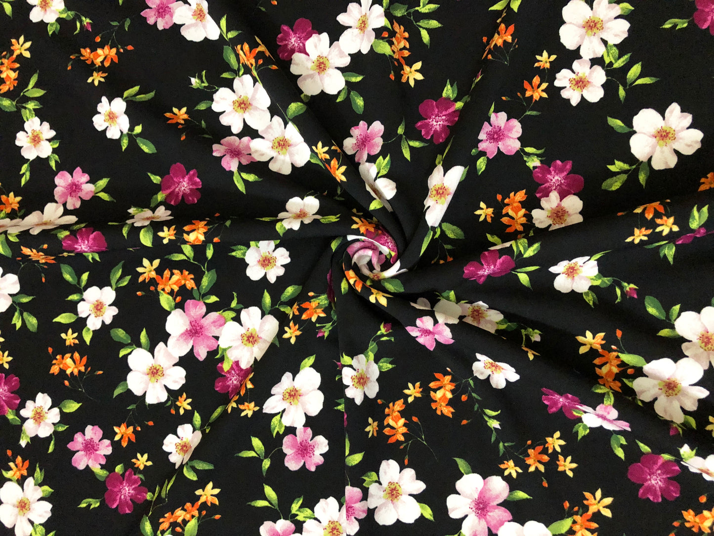 Techno Crepe Knit — Black Floral/Blush/Magenta & Tangerine Blooms, 4-Way Stretch, 240 GSM, 56" Wide, Wrinkle Resistant - By the Yard (TCRP095)
