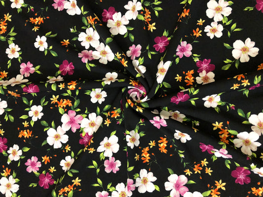 Techno Crepe Knit — Black Floral/Blush/Magenta & Tangerine Blooms, 4-Way Stretch, 240 GSM, 56" Wide, Wrinkle Resistant - By the Yard (TCRP095)