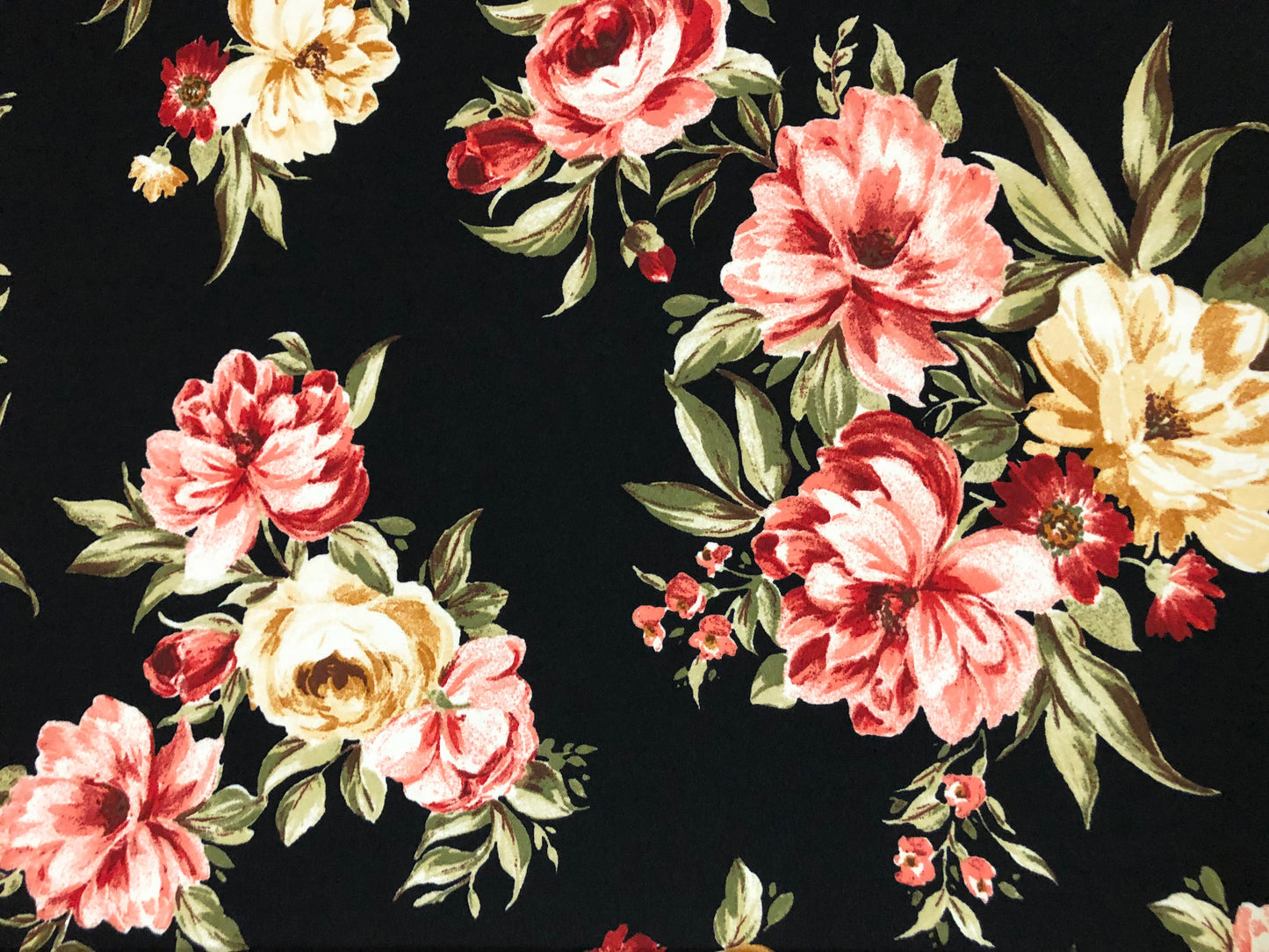 Techno Crepe Print Fabric-Black Red Pink Gold Flowers-TCRP020-Sold by the Yard
