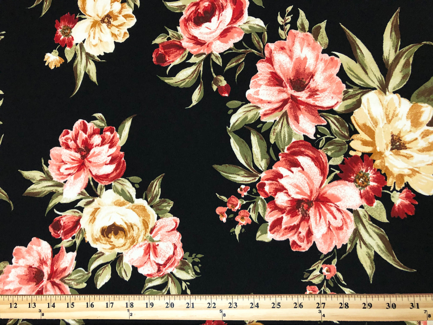 Techno Crepe Print Fabric-Black Red Pink Gold Flowers-TCRP020-Sold by the Yard