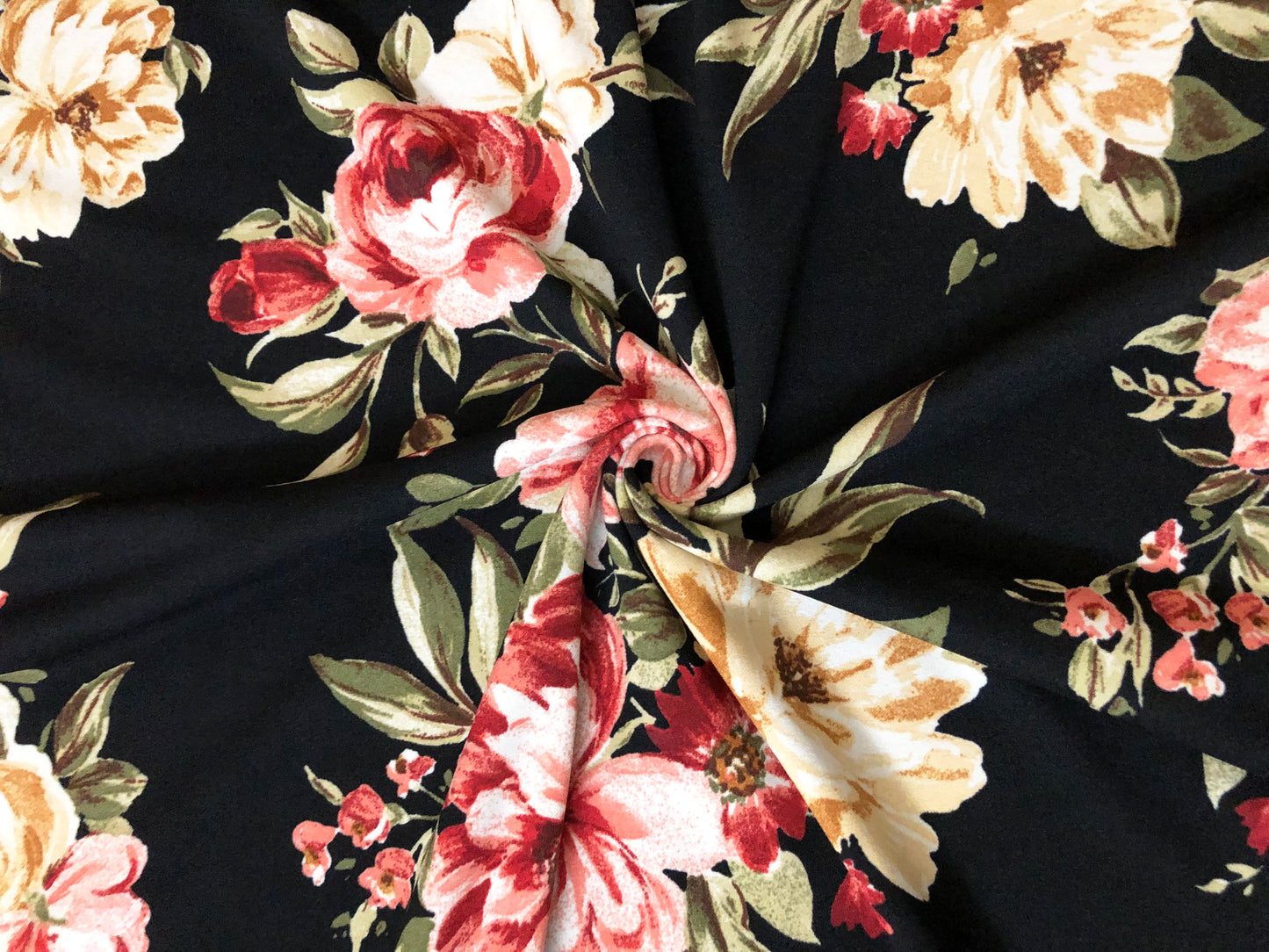 Techno Crepe Print Fabric-Black Red Pink Gold Flowers-TCRP020-Sold by the Yard