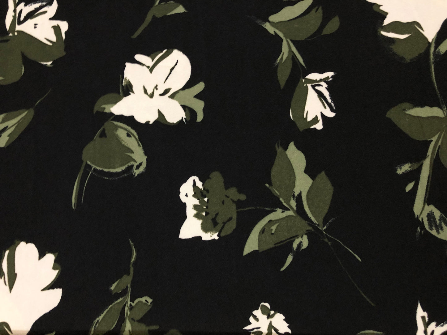 Techno Crepe Knit Fabric – Black with Olive Leaves & Ivory Blossoms – 4-Way Stretch, 56" Wide, 240 GSM, Silky Drape (TCRP032)