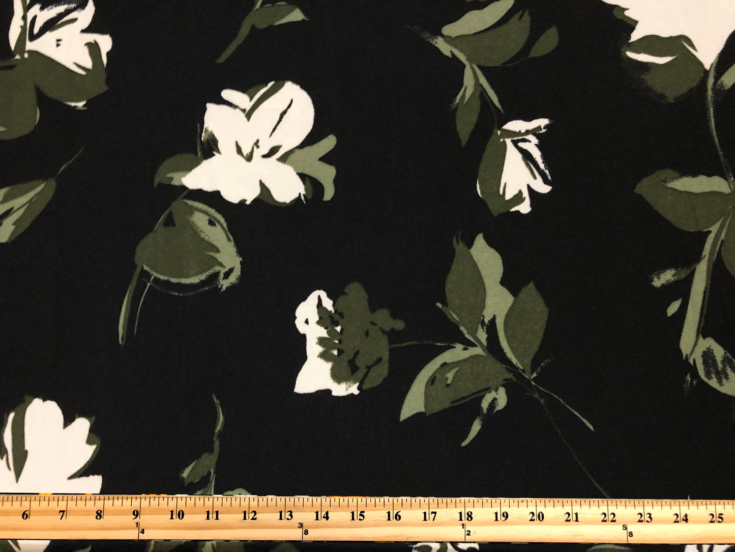 Techno Crepe Knit Fabric – Black with Olive Leaves & Ivory Blossoms – 4-Way Stretch, 56" Wide, 240 GSM, Silky Drape (TCRP032)