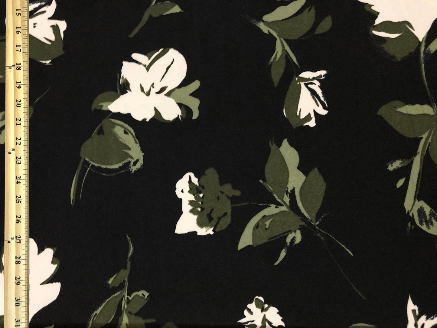 Techno Crepe Knit Fabric – Black with Olive Leaves & Ivory Blossoms – 4-Way Stretch, 56" Wide, 240 GSM, Silky Drape (TCRP032)