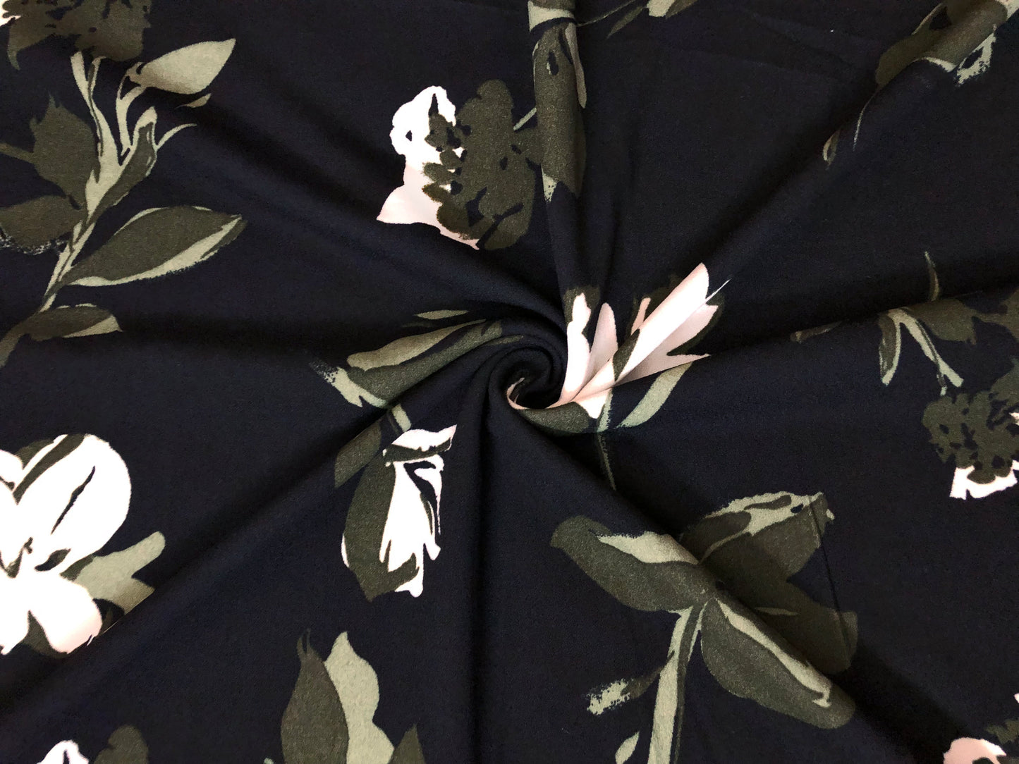 Techno Crepe Knit Fabric – Black with Olive Leaves & Ivory Blossoms – 4-Way Stretch, 56" Wide, 240 GSM, Silky Drape (TCRP032)