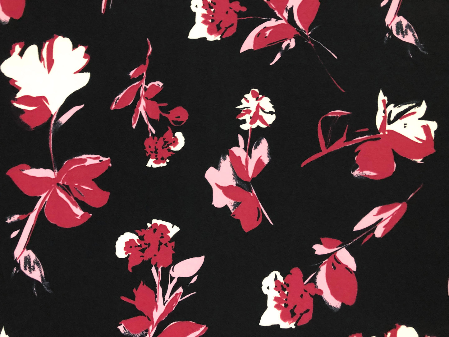 Techno Crepe Knit Fabric – Black with Mauve & Blush Pink Florals, Ivory Accents – 4-Way Stretch, 56" Wide, 240 GSM, Silky Drape – Sold by the Yard (TCRP033)