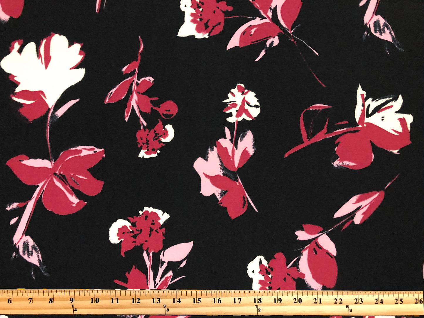 Techno Crepe Knit Fabric – Black with Mauve & Blush Pink Florals, Ivory Accents – 4-Way Stretch, 56" Wide, 240 GSM, Silky Drape – Sold by the Yard (TCRP033)