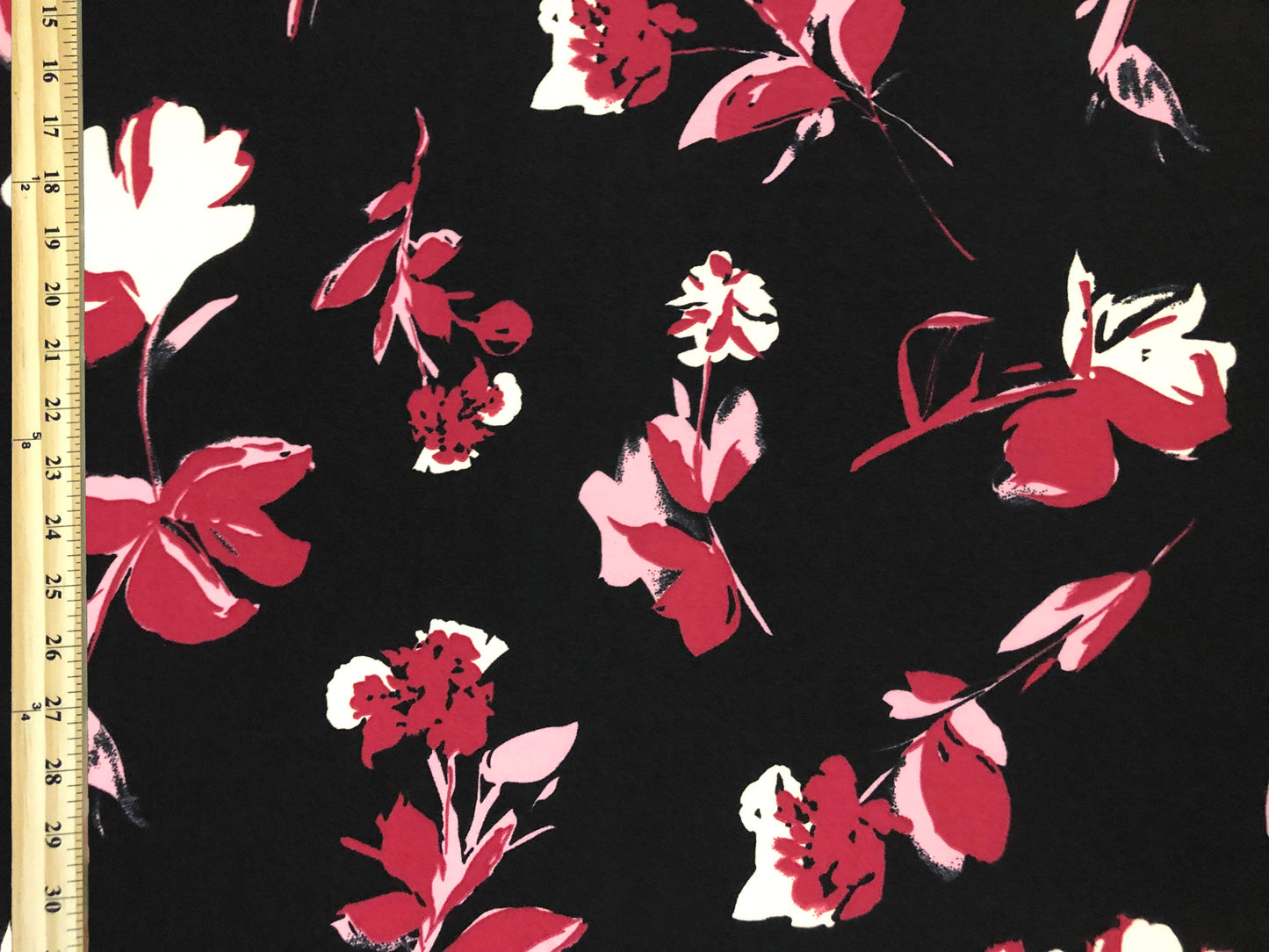 Techno Crepe Knit Fabric – Black with Mauve & Blush Pink Florals, Ivory Accents – 4-Way Stretch, 56" Wide, 240 GSM, Silky Drape – Sold by the Yard (TCRP033)