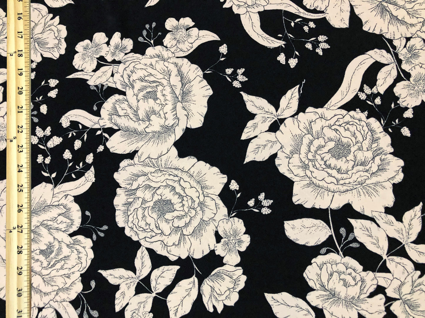 Techno Crepe Knit Fabric – Silky Drape, 4-Way Stretch, Wrinkle-Resistant, 56″, 240 GSM – Black/Ivory Sketch Floral – Sold by the Yard (TCRP083)