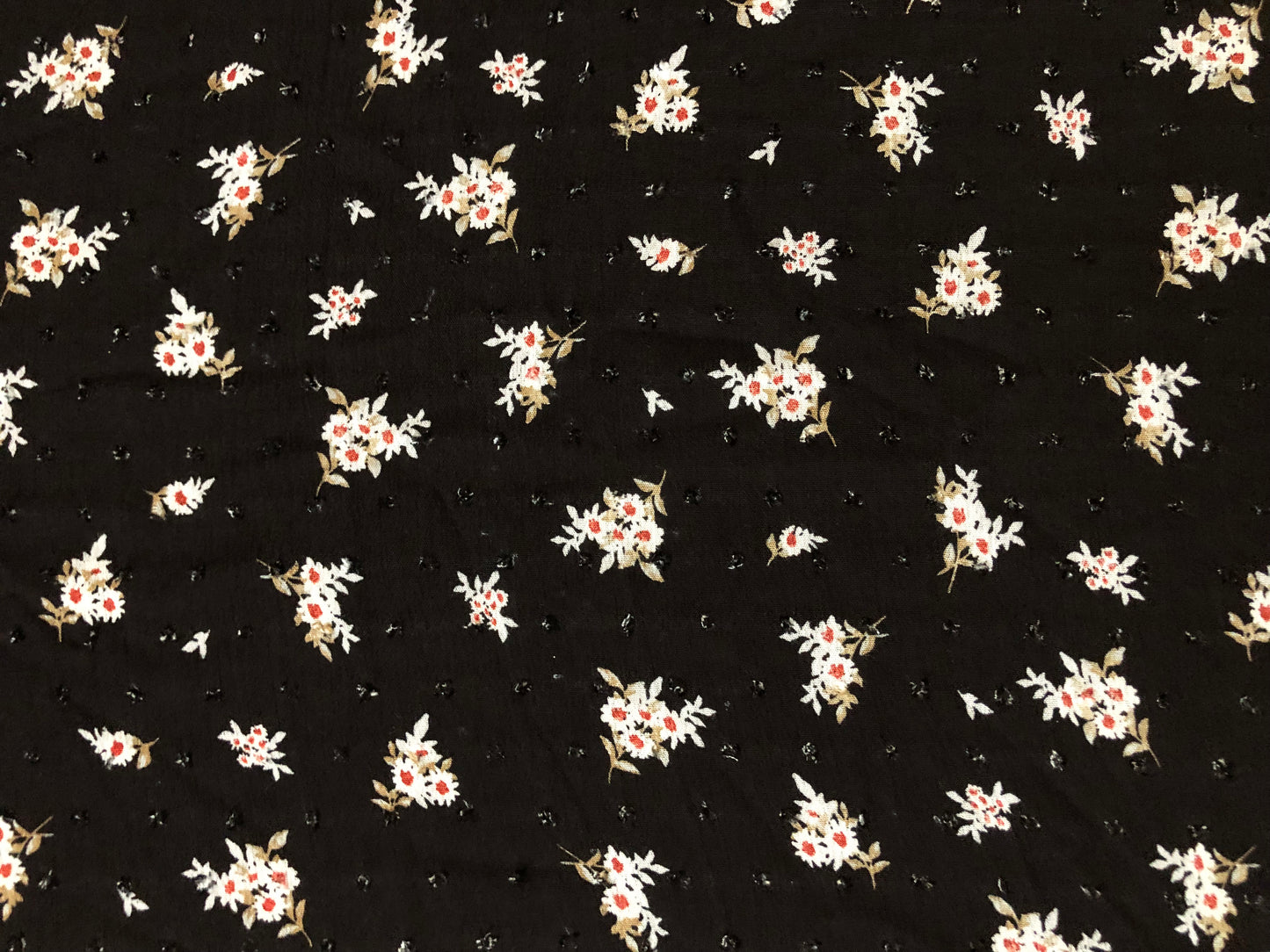 Black Swiss Dot Rayon Gauze with White Ditsy Florals (Tan Leaves, Red Accents) — 100% Rayon, 52″ Wide — Fabric by the Yard (RGZPR012)