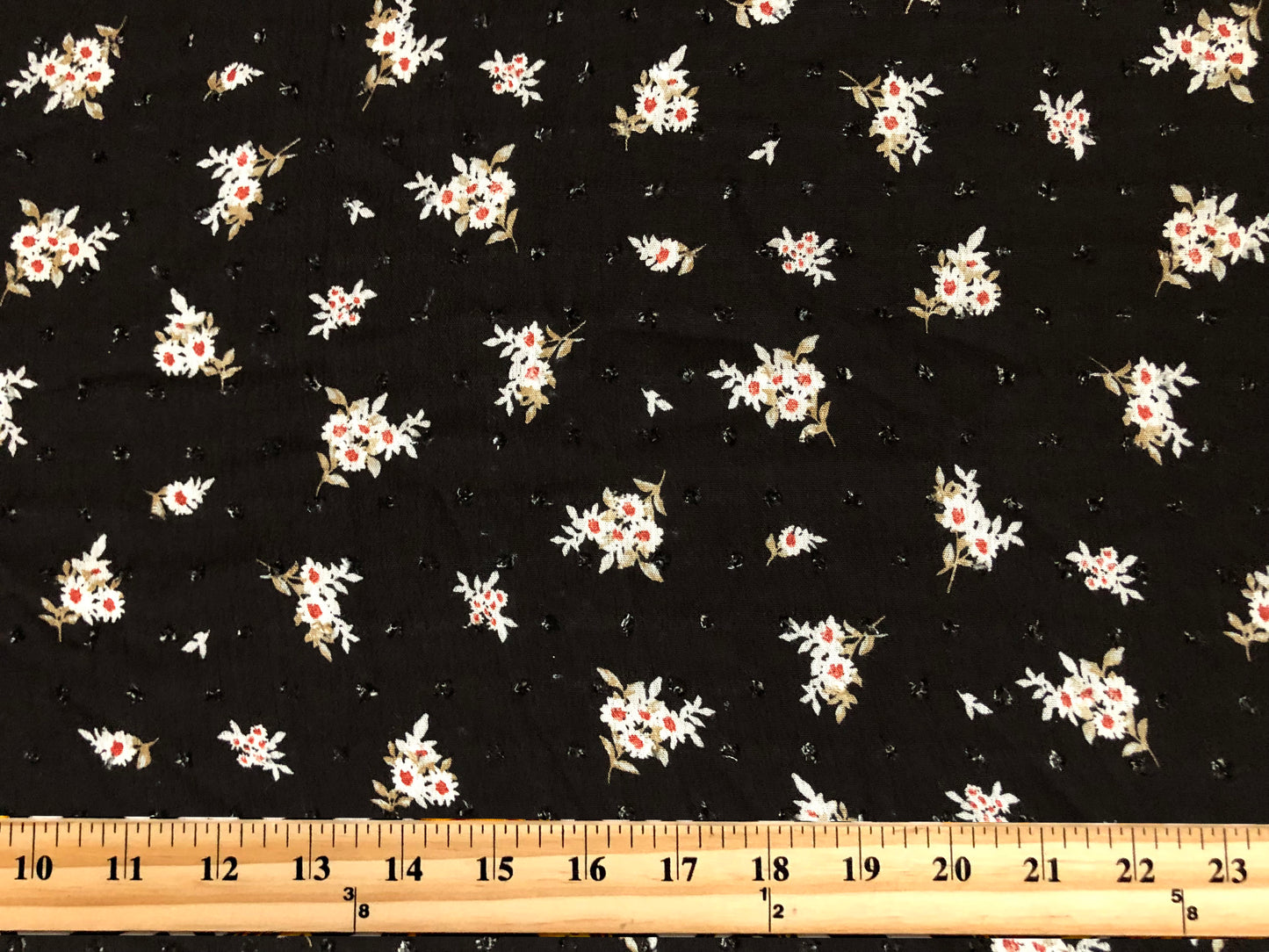 Black Swiss Dot Rayon Gauze with White Ditsy Florals (Tan Leaves, Red Accents) — 100% Rayon, 52″ Wide — Fabric by the Yard (RGZPR012)