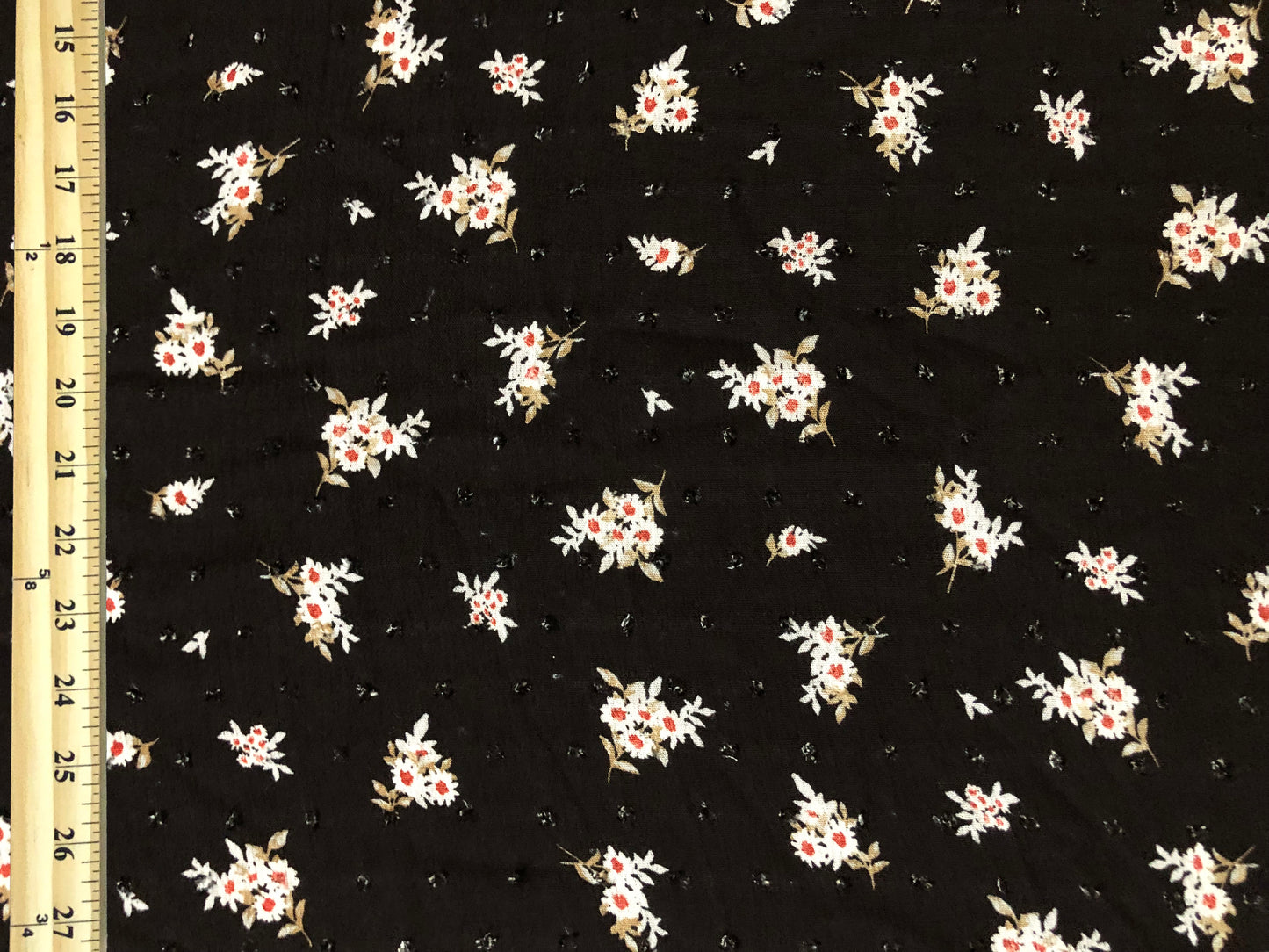 Black Swiss Dot Rayon Gauze with White Ditsy Florals (Tan Leaves, Red Accents) — 100% Rayon, 52″ Wide — Fabric by the Yard (RGZPR012)