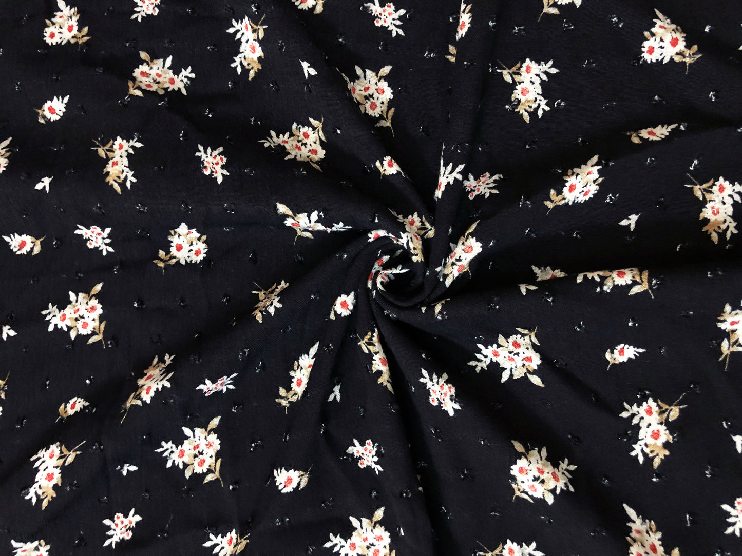 Black Swiss Dot Rayon Gauze with White Ditsy Florals (Tan Leaves, Red Accents) — 100% Rayon, 52″ Wide — Fabric by the Yard (RGZPR012)