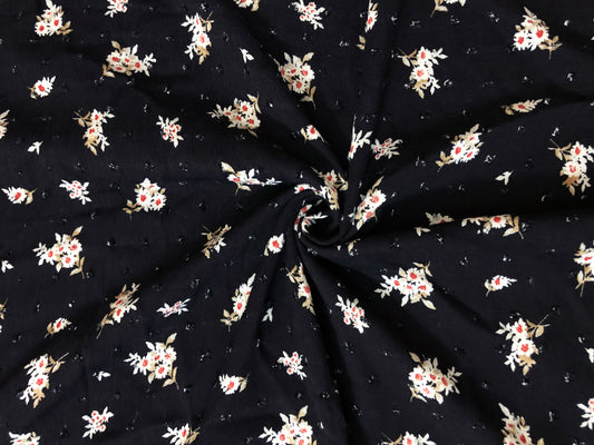 Black Swiss Dot Rayon Gauze with White Ditsy Florals (Tan Leaves, Red Accents) — 100% Rayon, 52″ Wide — Fabric by the Yard (RGZPR012)