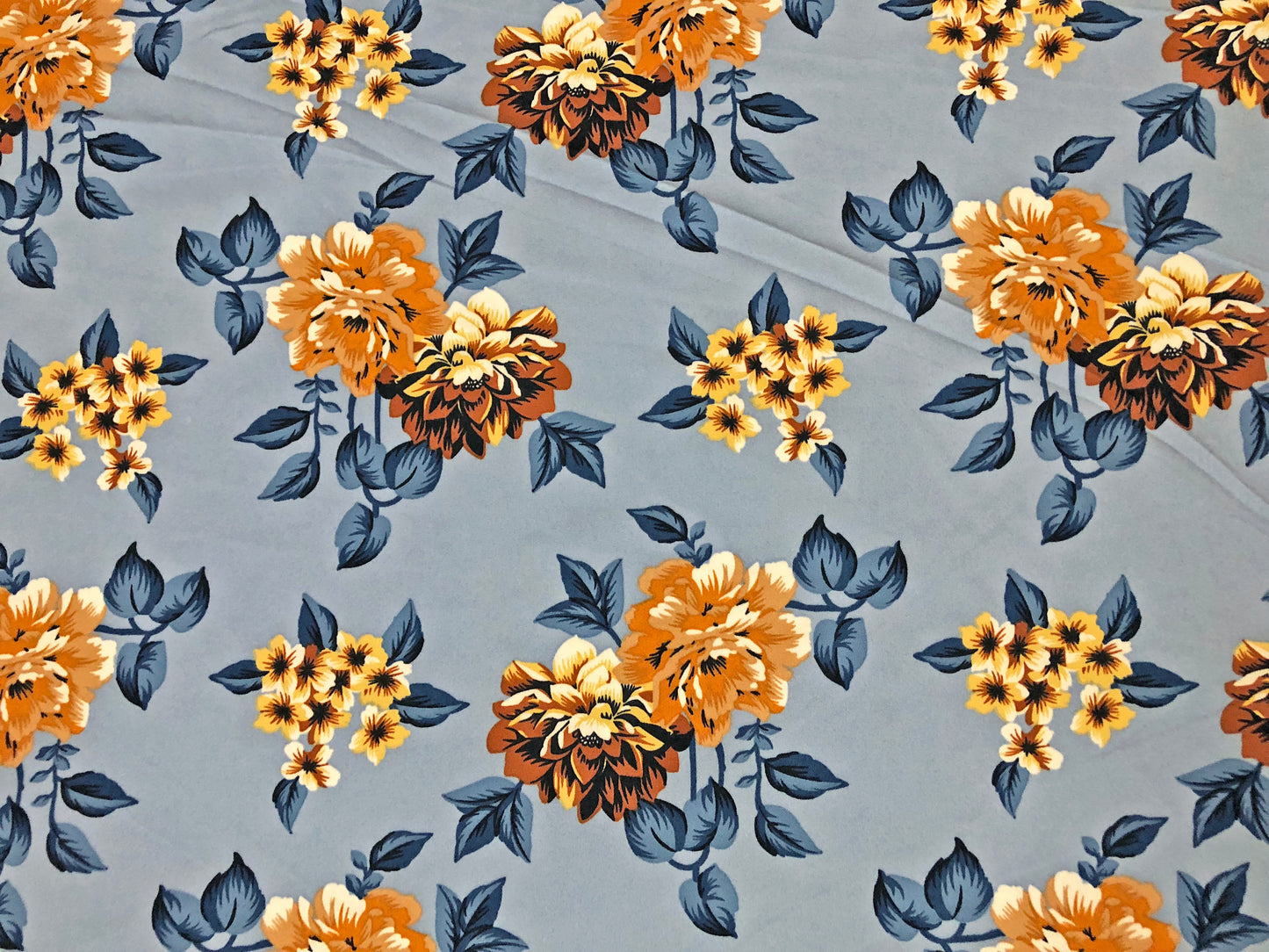 Techno Crepe Knit — Slate Blue Floral/Marigold & Amber Blooms with Navy Leaves, 4-Way Stretch, 240 GSM, 56" Wide, Wrinkle Resistant - By the Yard (TCRP096)