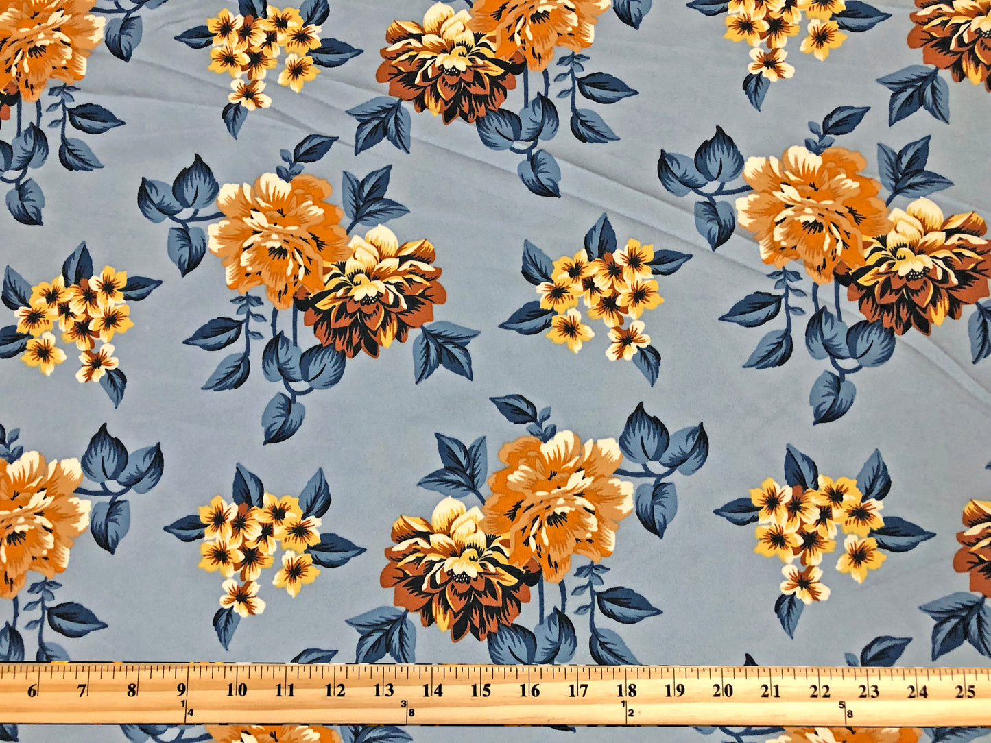 Techno Crepe Knit — Slate Blue Floral/Marigold & Amber Blooms with Navy Leaves, 4-Way Stretch, 240 GSM, 56" Wide, Wrinkle Resistant - By the Yard (TCRP096)