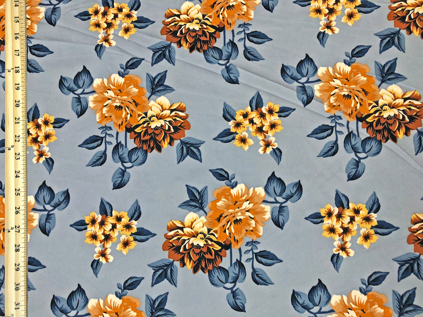 Techno Crepe Knit — Slate Blue Floral/Marigold & Amber Blooms with Navy Leaves, 4-Way Stretch, 240 GSM, 56" Wide, Wrinkle Resistant - By the Yard (TCRP096)