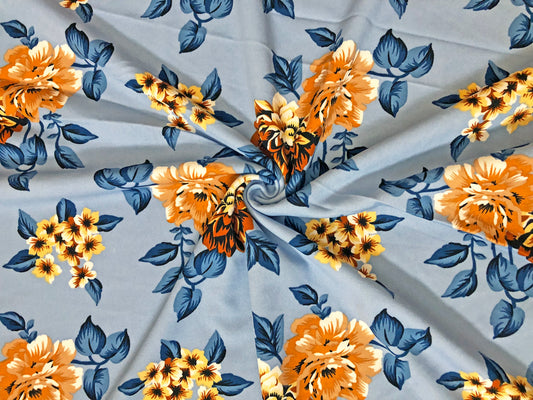 Techno Crepe Knit — Slate Blue Floral/Marigold & Amber Blooms with Navy Leaves, 4-Way Stretch, 240 GSM, 56" Wide, Wrinkle Resistant - By the Yard (TCRP096)