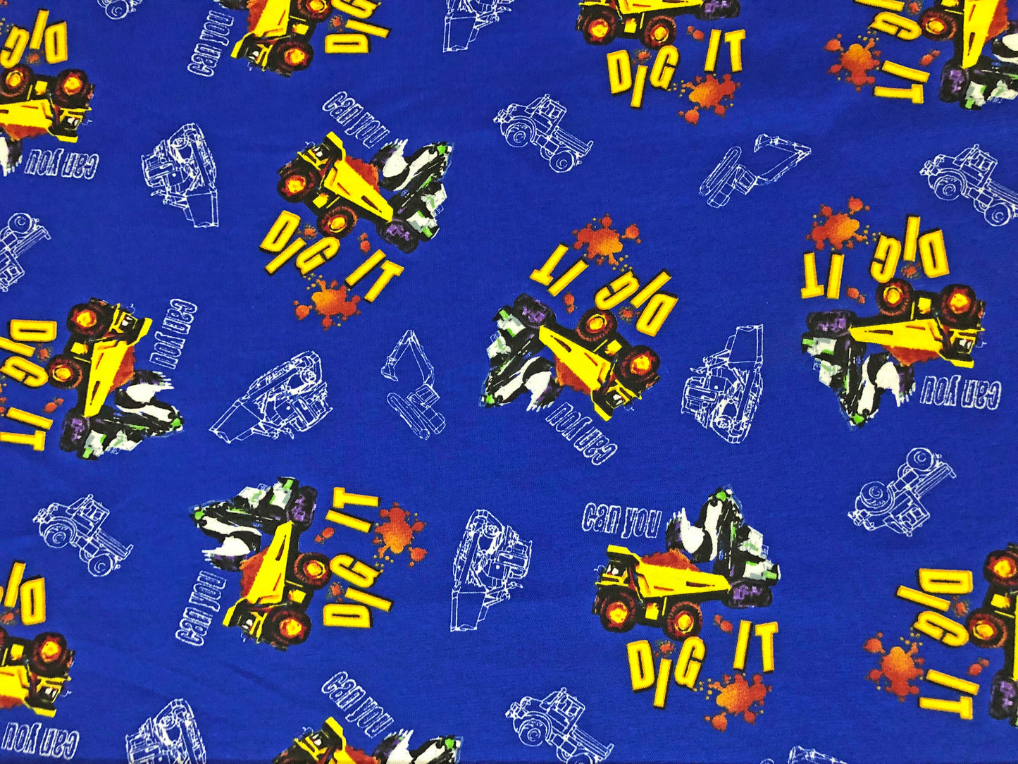 Construction Trucks Cotton – 100% Cotton Print | Non-Stretch, 52″ Wide, “Dig It” Blue – Sold by the Yard (CTJPR06)