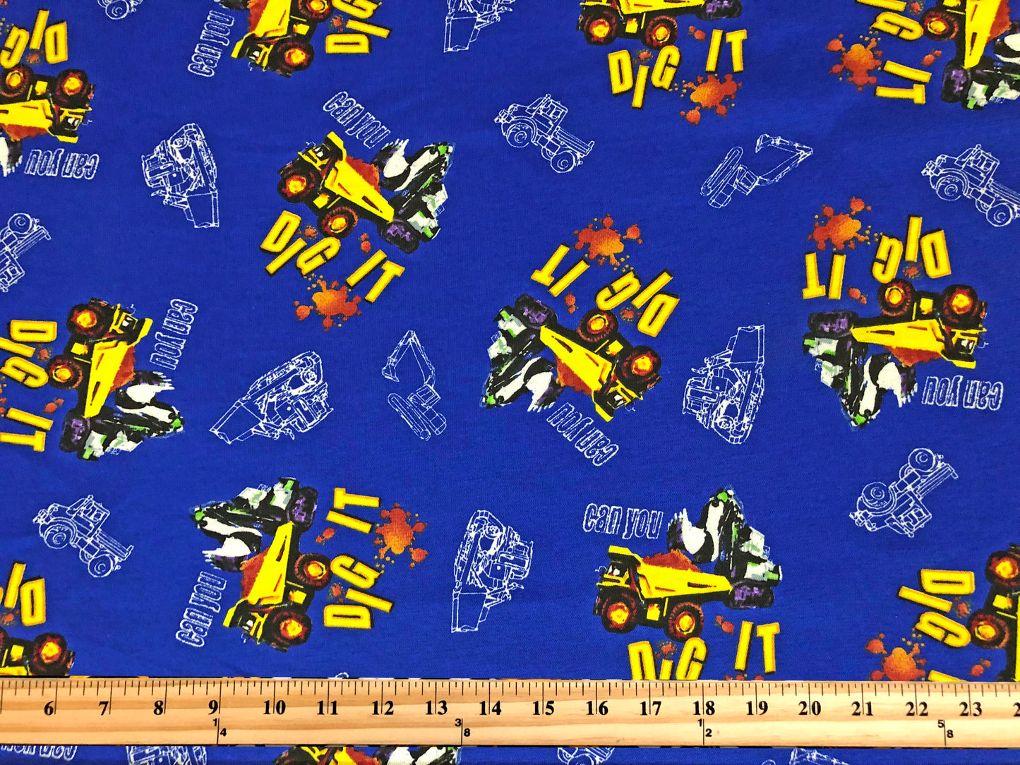 Construction Trucks Cotton – 100% Cotton Print | Non-Stretch, 52″ Wide, “Dig It” Blue – Sold by the Yard (CTJPR06)
