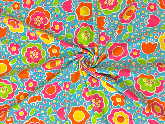 Aqua Bloom Pop Cotton – 100% Cotton Print | Non-Stretch, 54″ Wide, Vibrant Mod Flowers – Sold by the Yard (CTJPR014)
