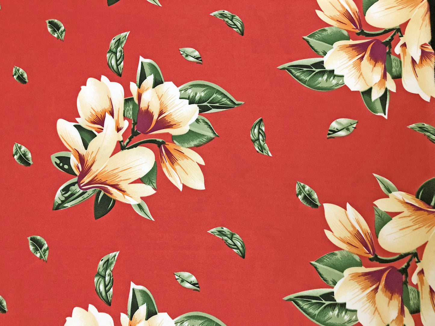 Techno Crepe Knit — Coral/Red Tropical Floral/Buttercream Magnolia & Pine Green Leaves, 4-Way Stretch, 240 GSM, 56" Wide, Wrinkle Resistant - By the Yard (TCRP097)