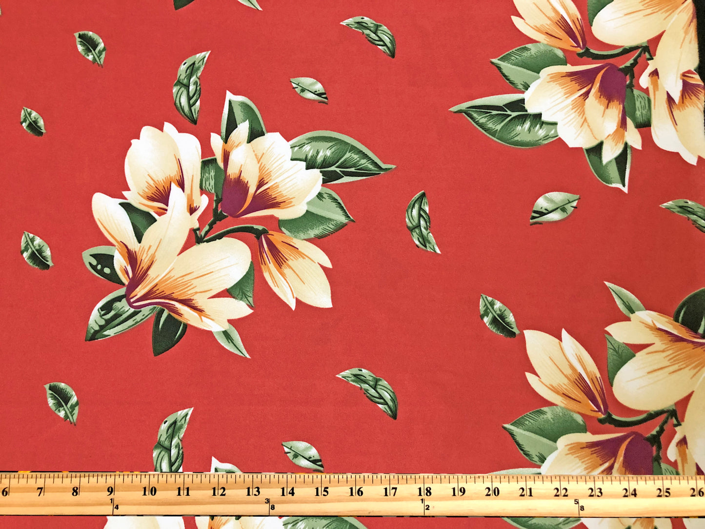 Techno Crepe Knit — Coral/Red Tropical Floral/Buttercream Magnolia & Pine Green Leaves, 4-Way Stretch, 240 GSM, 56" Wide, Wrinkle Resistant - By the Yard (TCRP097)