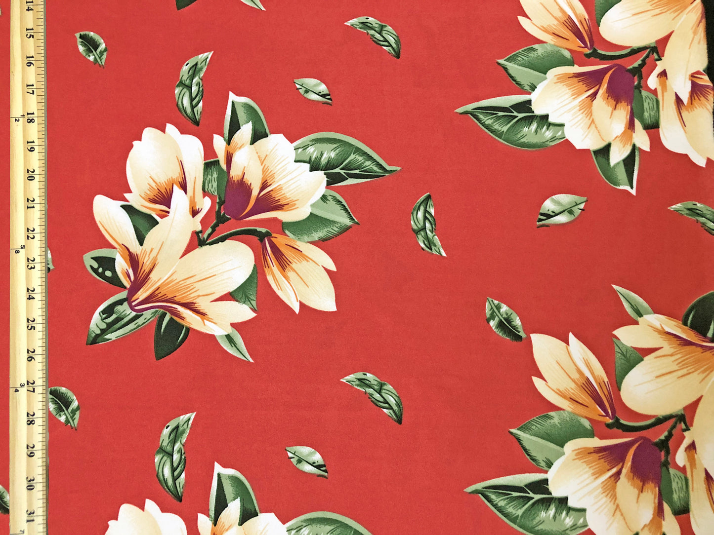 Techno Crepe Knit — Coral/Red Tropical Floral/Buttercream Magnolia & Pine Green Leaves, 4-Way Stretch, 240 GSM, 56" Wide, Wrinkle Resistant - By the Yard (TCRP097)