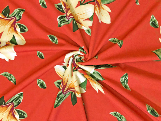 Techno Crepe Knit — Coral/Red Tropical Floral/Buttercream Magnolia & Pine Green Leaves, 4-Way Stretch, 240 GSM, 56" Wide, Wrinkle Resistant - By the Yard (TCRP097)