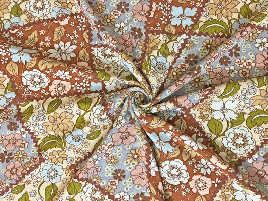 Rust Brown Vintage Patchwork Floral Rayon Crinkle — Blue/Blush/Ivory & Sage • 100% Rayon • 52″ Wide — Fabric by the Yard (RCKPR04)