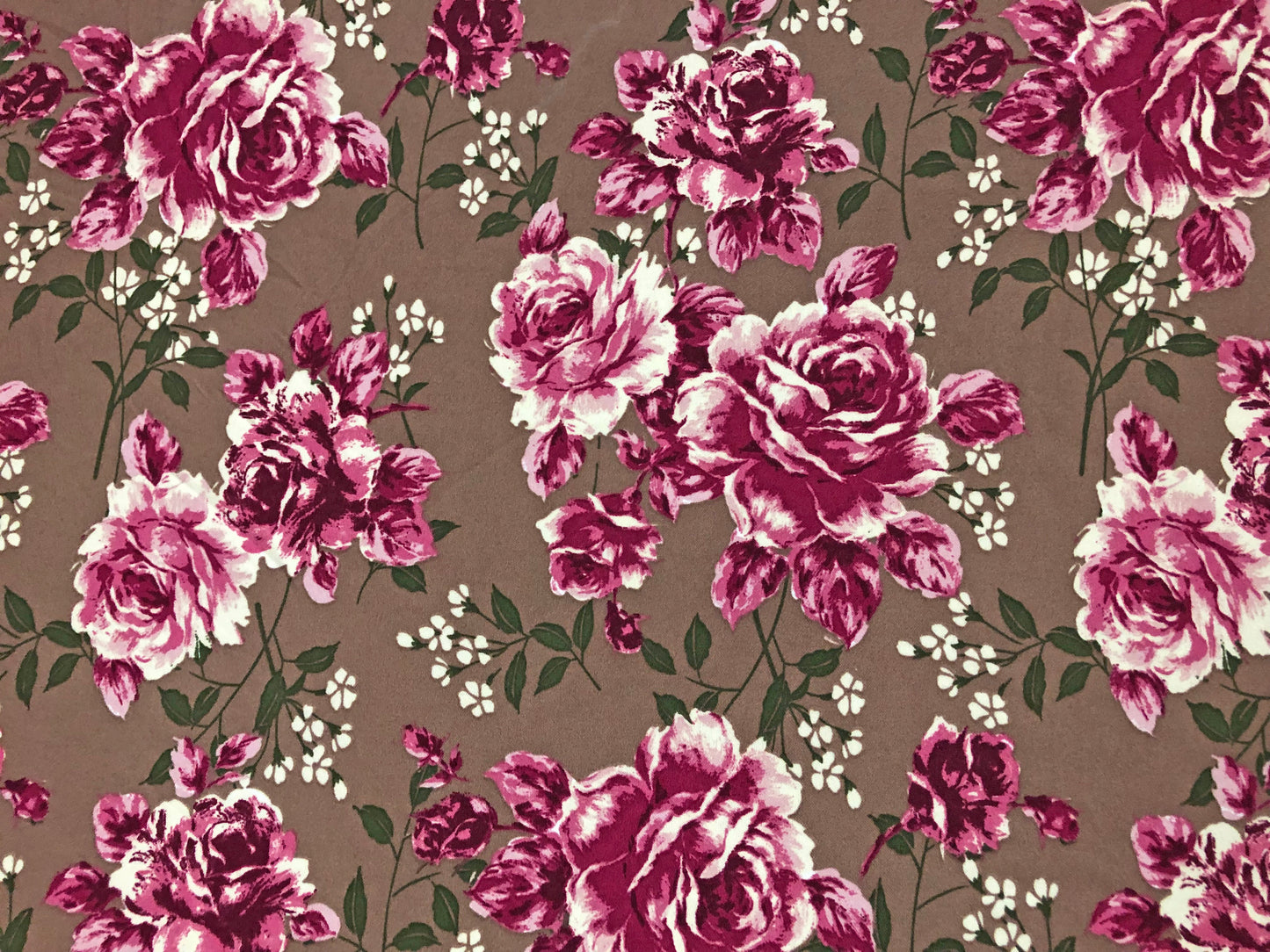 Techno Crepe Knit Fabric – Taupe with Burgundy & Rose Pink Florals, Green Leaves – 4-Way Stretch, 56" Wide, 240 GSM – Sold by the Yard (TCRP047)