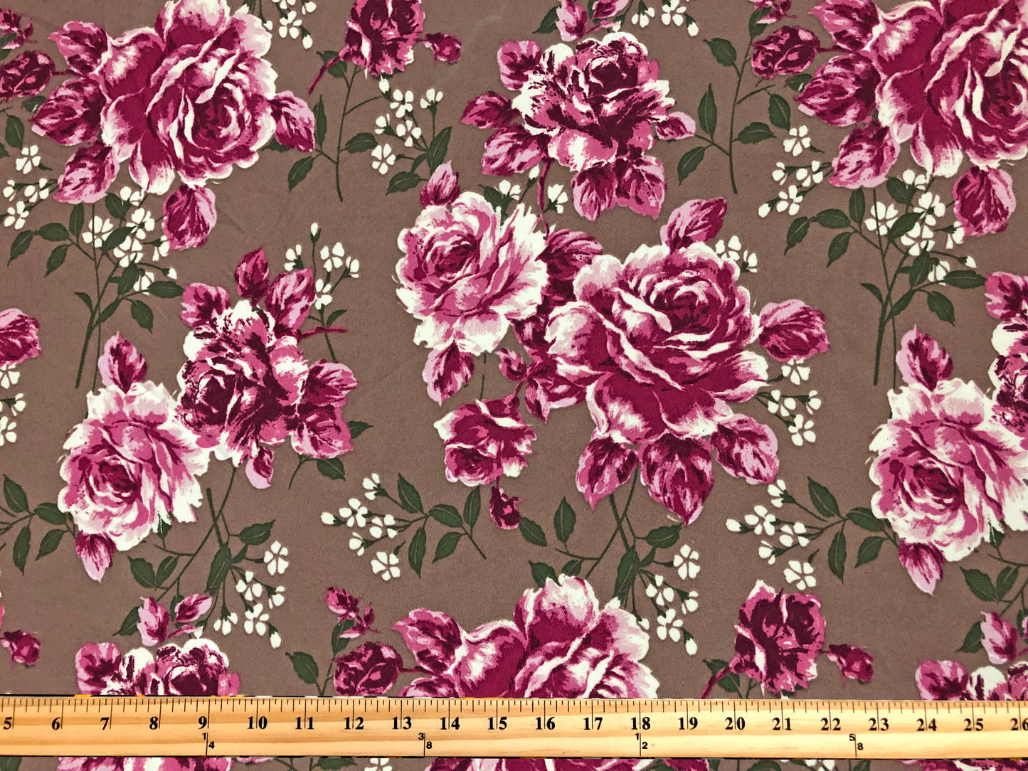 Techno Crepe Knit Fabric – Taupe with Burgundy & Rose Pink Florals, Green Leaves – 4-Way Stretch, 56" Wide, 240 GSM – Sold by the Yard (TCRP047)