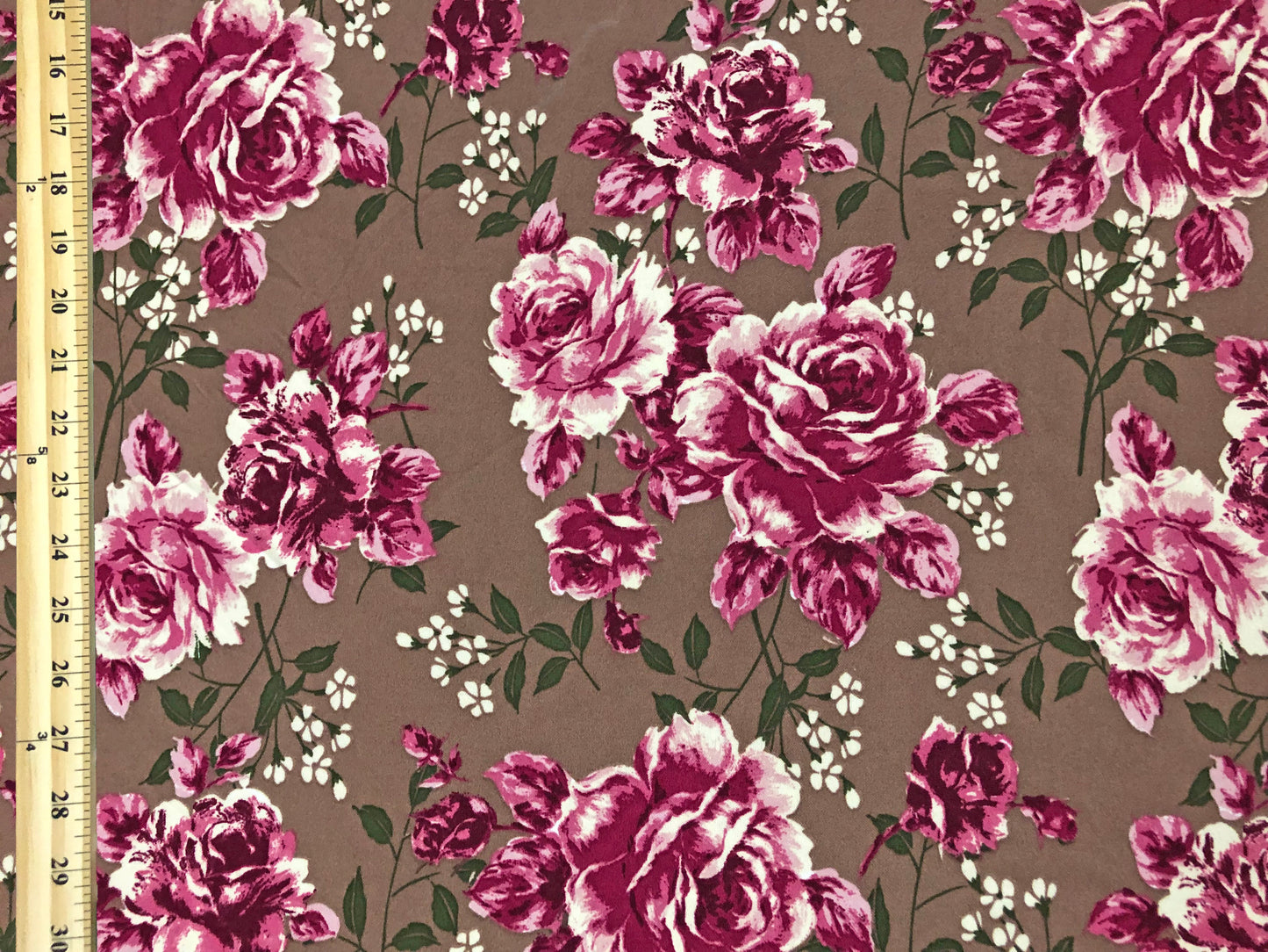 Techno Crepe Knit Fabric – Taupe with Burgundy & Rose Pink Florals, Green Leaves – 4-Way Stretch, 56" Wide, 240 GSM – Sold by the Yard (TCRP047)