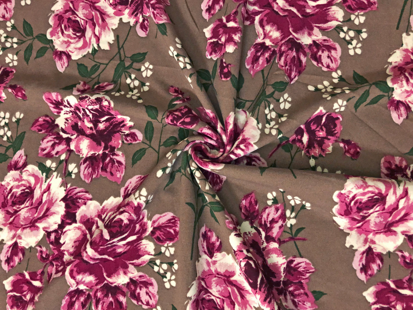 Techno Crepe Knit Fabric – Taupe with Burgundy & Rose Pink Florals, Green Leaves – 4-Way Stretch, 56" Wide, 240 GSM – Sold by the Yard (TCRP047)