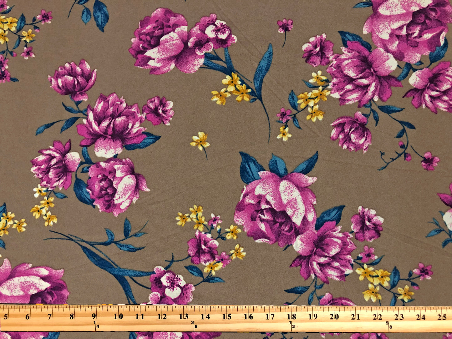 Techno Crepe Knit Fabric – Taupe with Fuchsia Florals, Teal Leaves & Yellow Blossoms – 4-Way Stretch, 56" Wide, 240 GSM – Sold by the Yard (TCRP050)