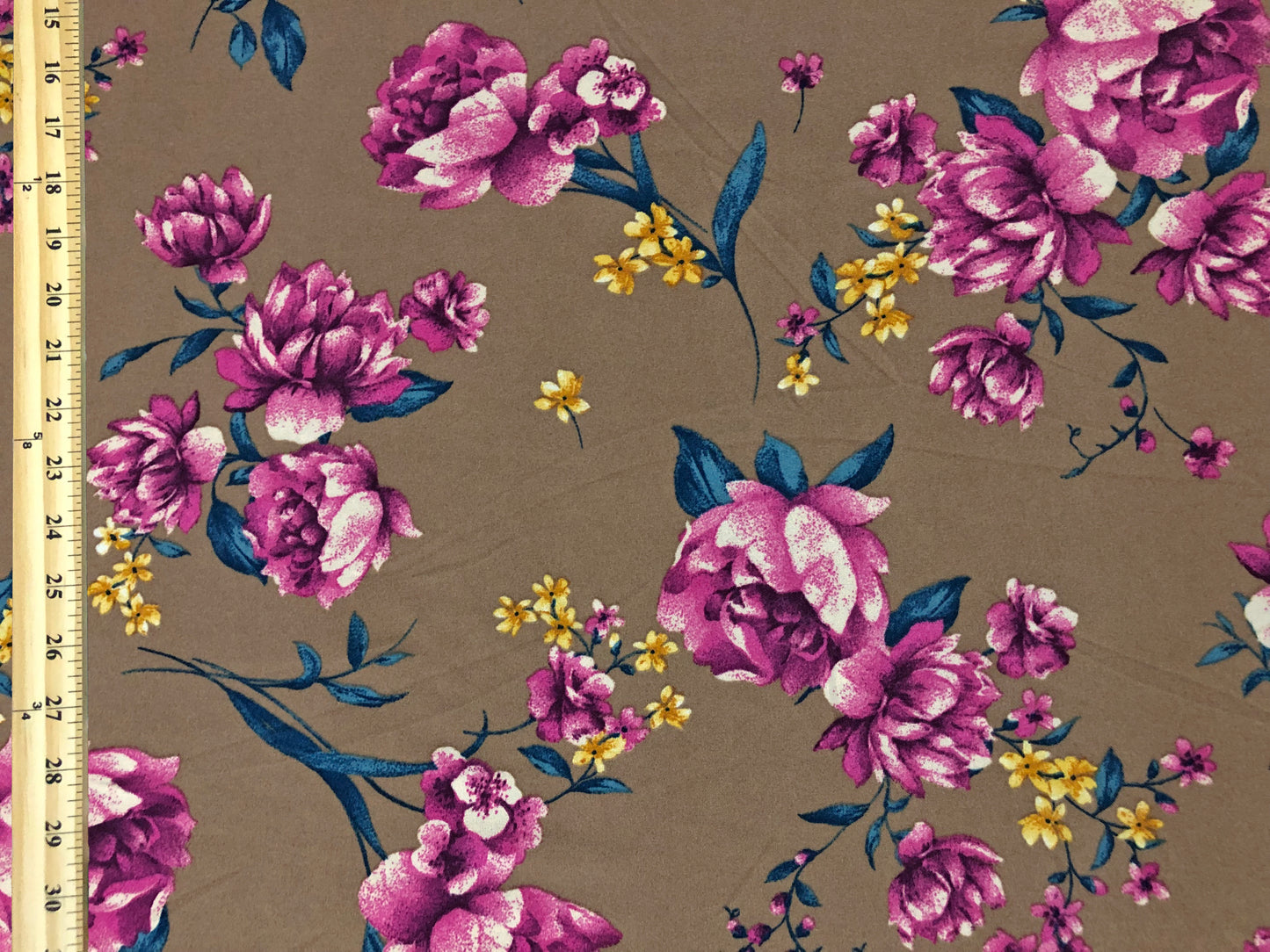 Techno Crepe Knit Fabric – Taupe with Fuchsia Florals, Teal Leaves & Yellow Blossoms – 4-Way Stretch, 56" Wide, 240 GSM – Sold by the Yard (TCRP050)