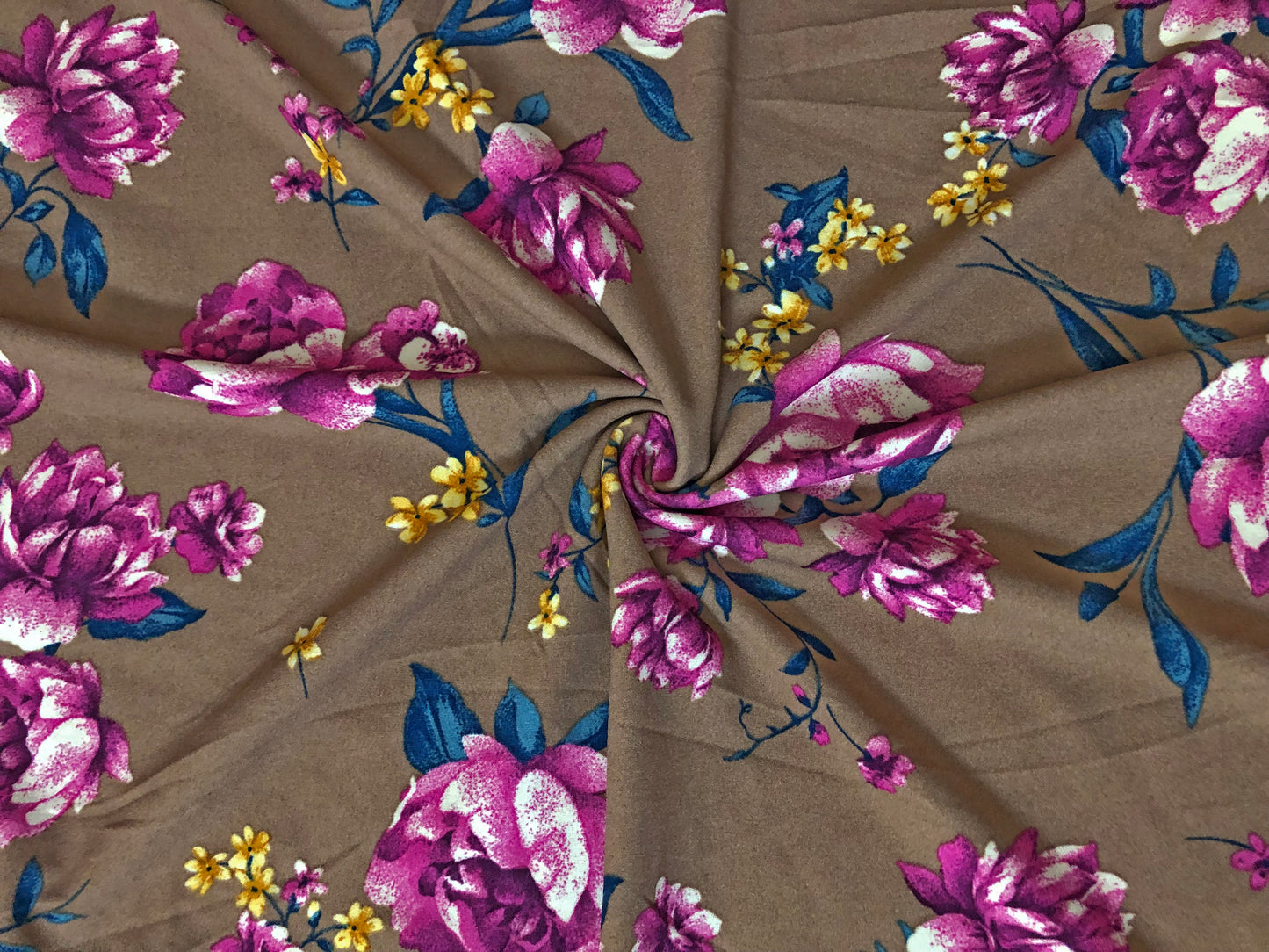 Techno Crepe Knit Fabric – Taupe with Fuchsia Florals, Teal Leaves & Yellow Blossoms – 4-Way Stretch, 56" Wide, 240 GSM – Sold by the Yard (TCRP050)