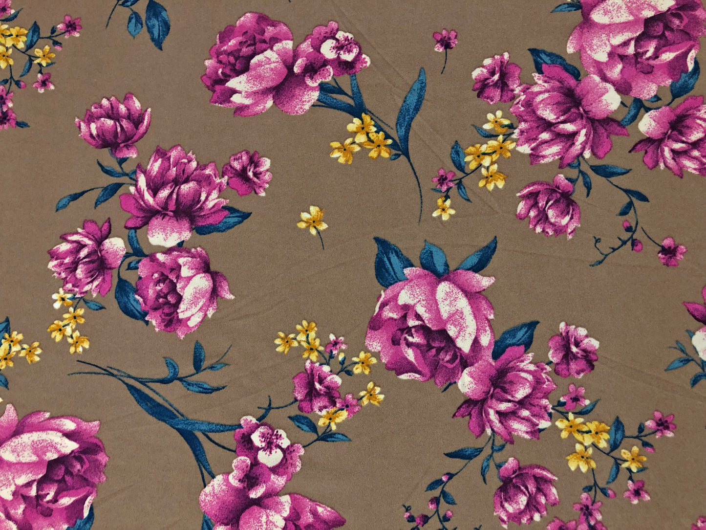 Techno Crepe Knit Fabric – Taupe with Fuchsia Florals, Teal Leaves & Yellow Blossoms – 4-Way Stretch, 56" Wide, 240 GSM – Sold by the Yard (TCRP050)