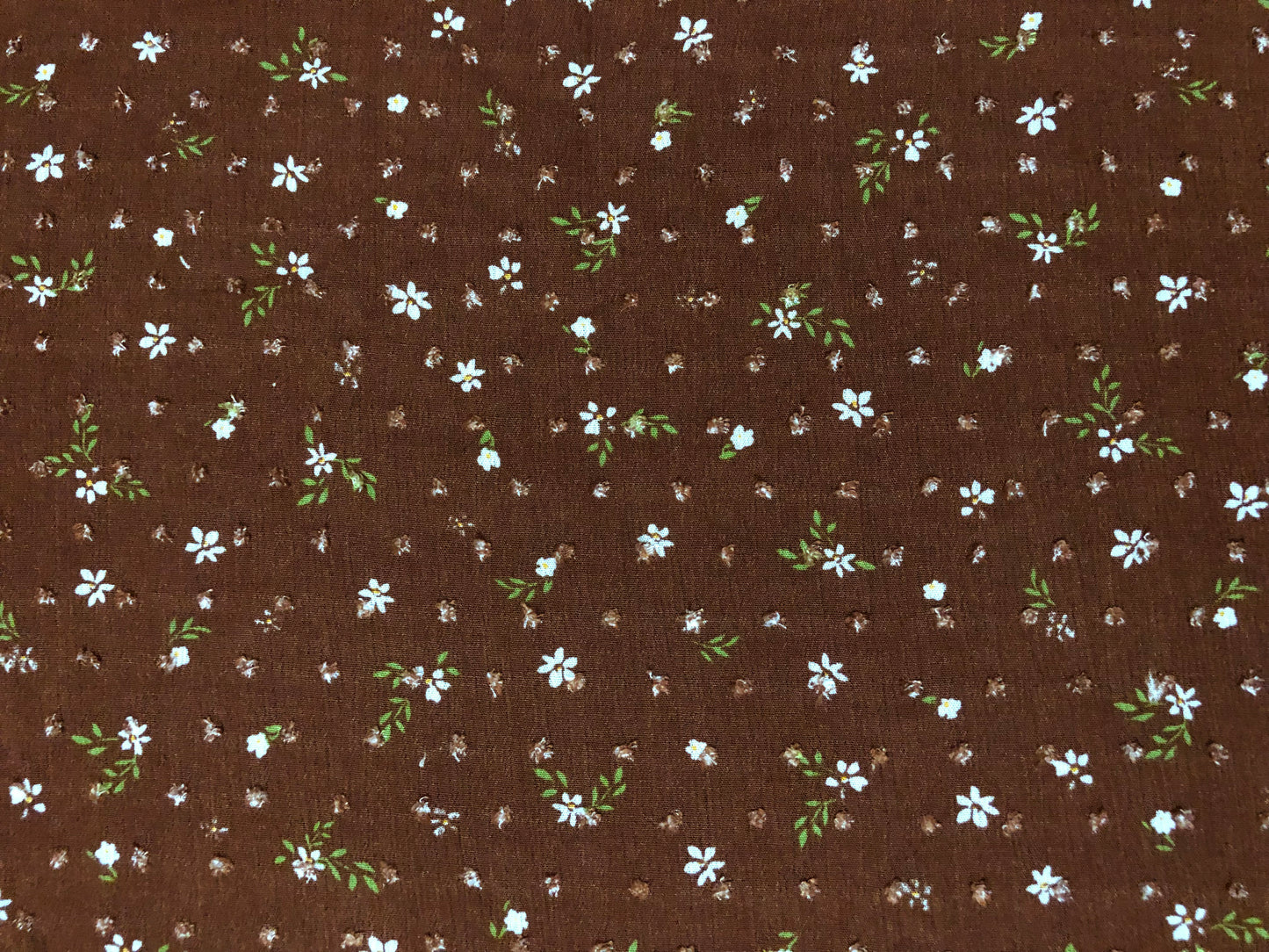 Brown Swiss Dot Rayon Gauze with White Ditsy Florals & Green Leaves — 100% Rayon, 52″ Wide — Fabric by the Yard (RGZPR07)