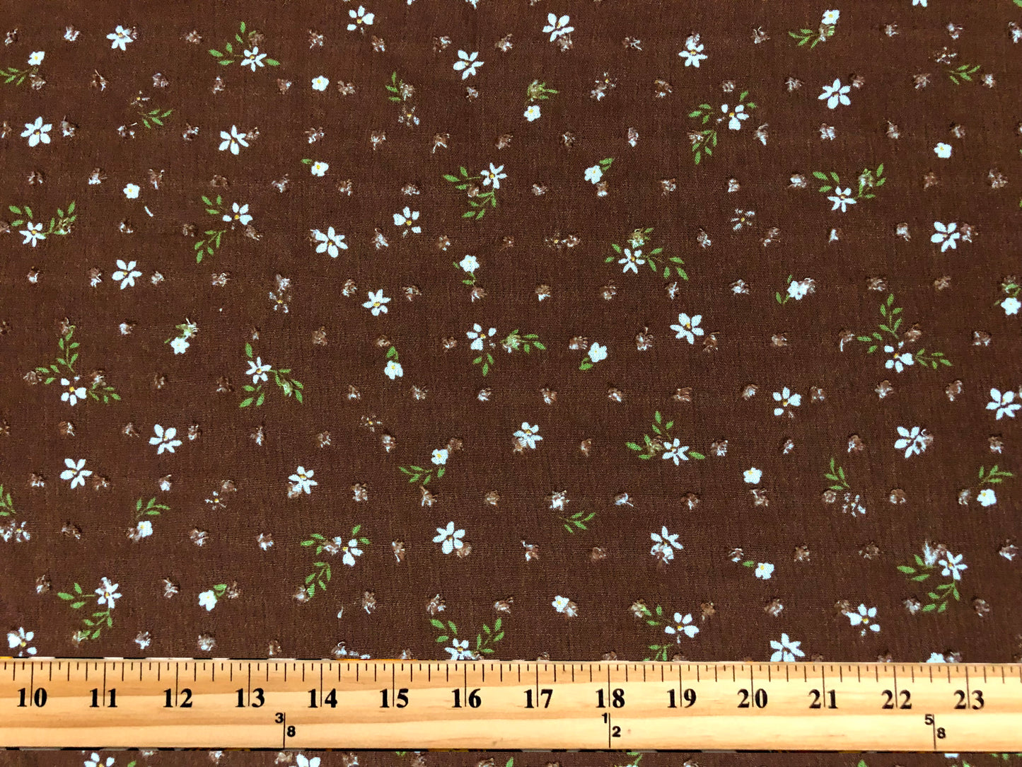 Brown Swiss Dot Rayon Gauze with White Ditsy Florals & Green Leaves — 100% Rayon, 52″ Wide — Fabric by the Yard (RGZPR07)
