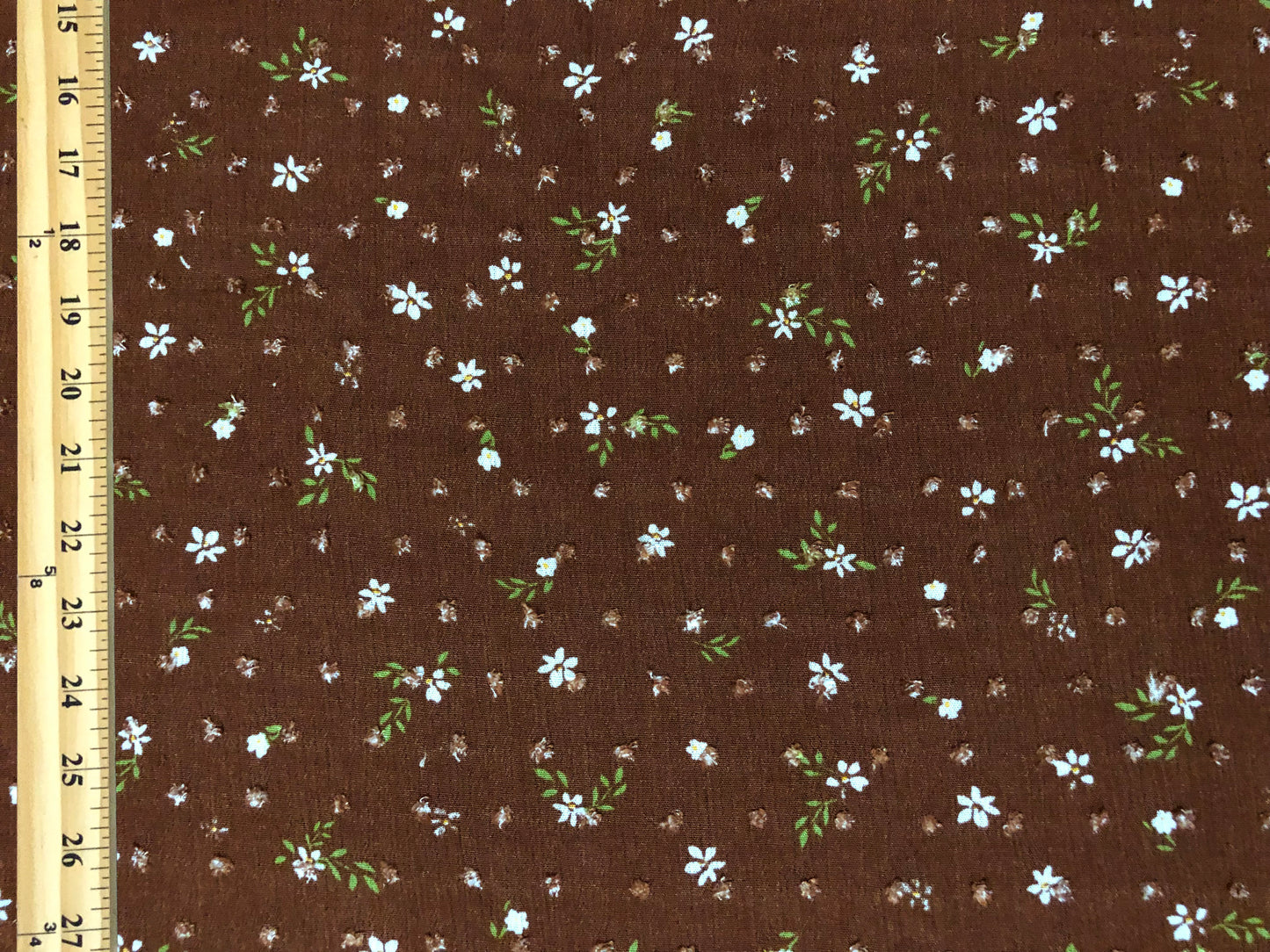 Brown Swiss Dot Rayon Gauze with White Ditsy Florals & Green Leaves — 100% Rayon, 52″ Wide — Fabric by the Yard (RGZPR07)