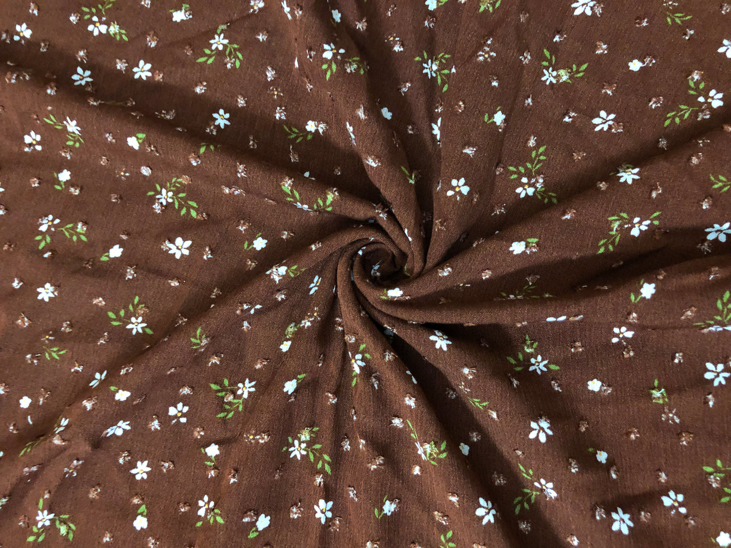 Brown Swiss Dot Rayon Gauze with White Ditsy Florals & Green Leaves — 100% Rayon, 52″ Wide — Fabric by the Yard (RGZPR07)
