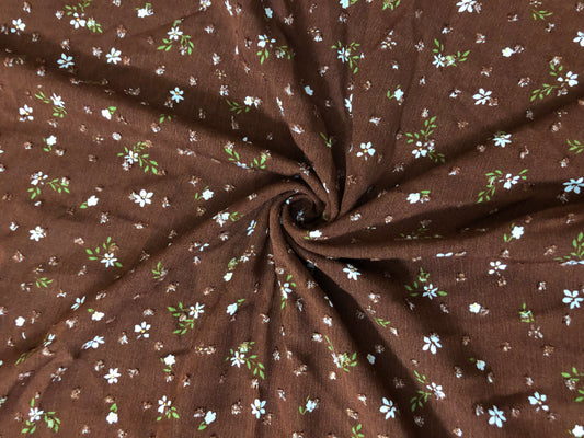 Brown Swiss Dot Rayon Gauze with White Ditsy Florals & Green Leaves — 100% Rayon, 52″ Wide — Fabric by the Yard (RGZPR07)