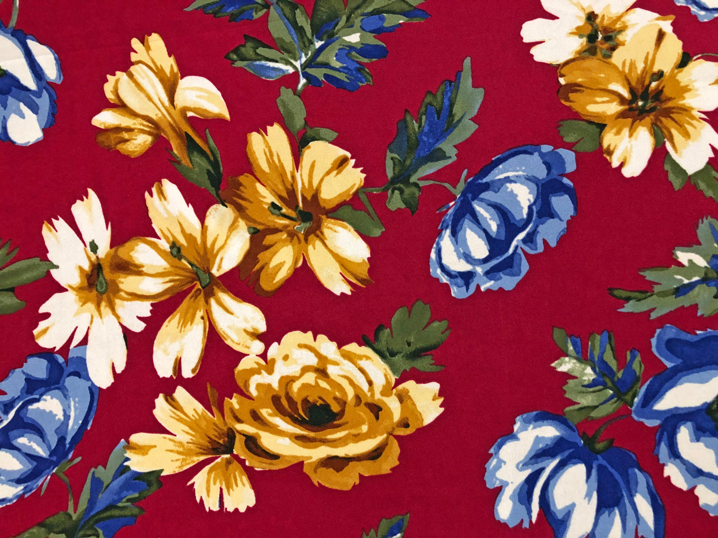 Techno Crepe Knit Fabric – Burgundy with Golden Yellow & Royal Blue Florals, Ivory Accents – 4-Way Stretch, 56" Wide, 240 GSM – Sold by the Yard (TCRP044)