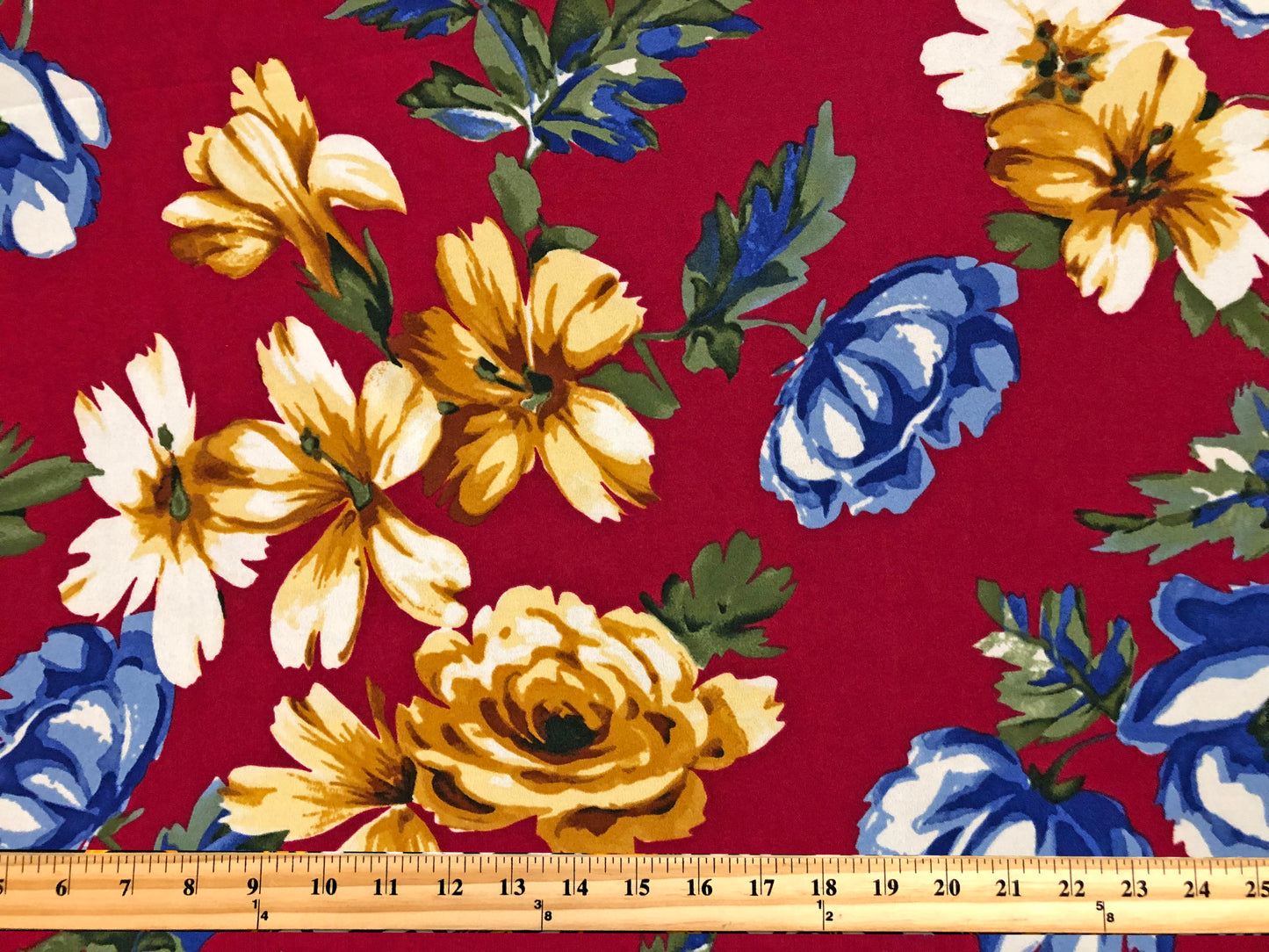 Techno Crepe Knit Fabric – Burgundy with Golden Yellow & Royal Blue Florals, Ivory Accents – 4-Way Stretch, 56" Wide, 240 GSM – Sold by the Yard (TCRP044)