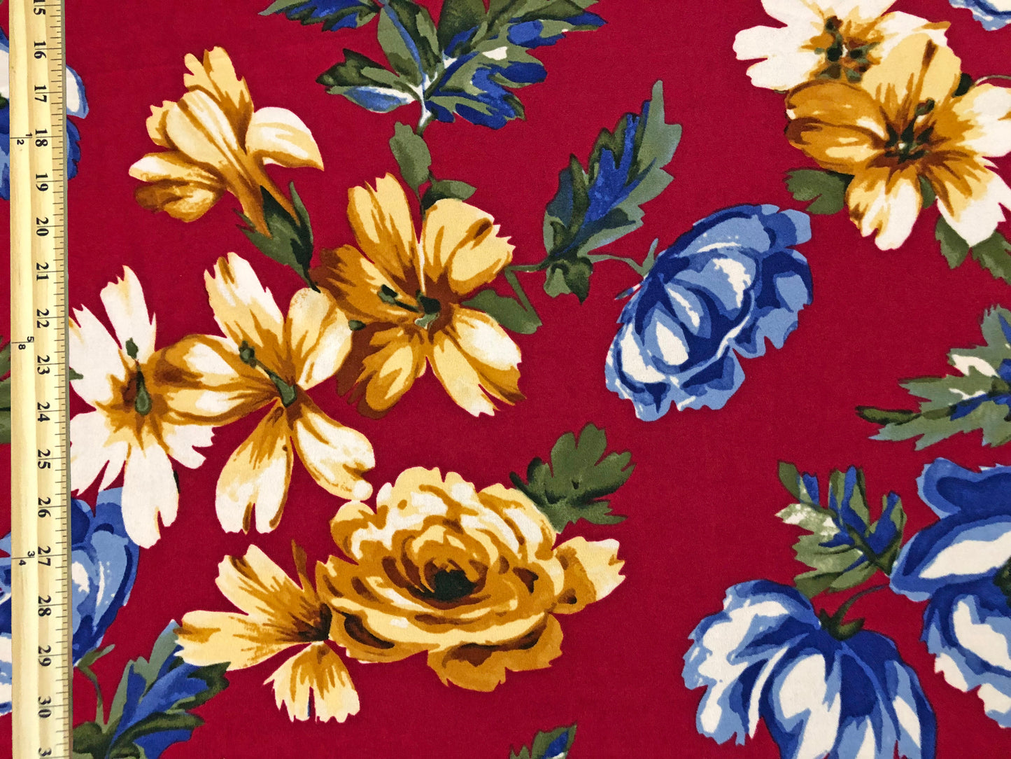 Techno Crepe Knit Fabric – Burgundy with Golden Yellow & Royal Blue Florals, Ivory Accents – 4-Way Stretch, 56" Wide, 240 GSM – Sold by the Yard (TCRP044)