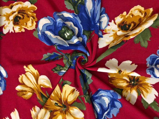 Techno Crepe Knit Fabric – Burgundy with Golden Yellow & Royal Blue Florals, Ivory Accents – 4-Way Stretch, 56" Wide, 240 GSM – Sold by the Yard (TCRP044)