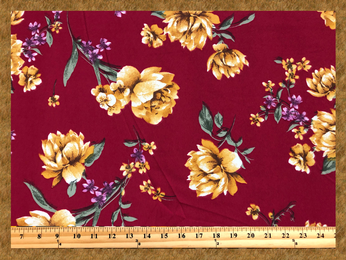 Techno Crepe Printed Fabric-Burgundy Gold Flowers-TCRP023-Sold by the Yard